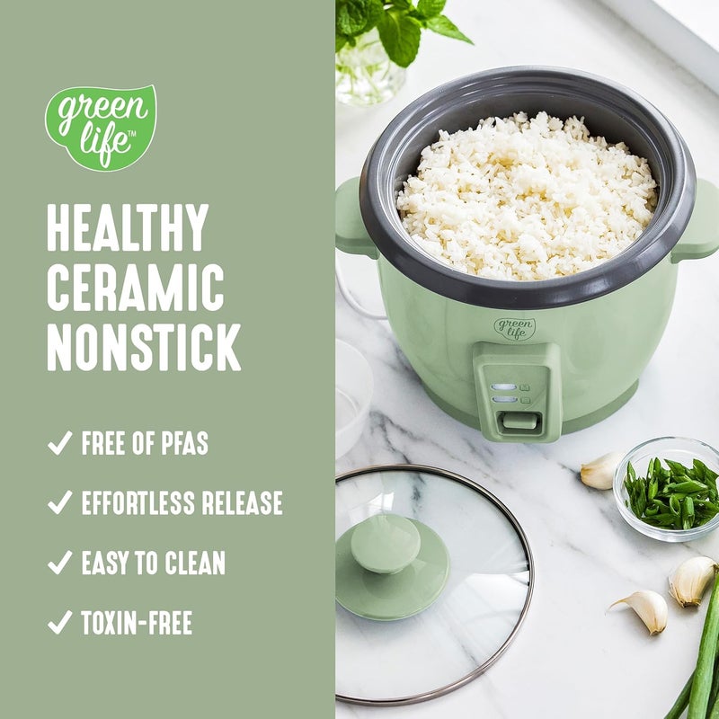 GreenLife Rice Cooker with Removable PFAS-Free Nonstick Pot, 3-Cups Uncooked/6-Cups Cooked, One-Switch Design, Auto Keep Warm Function, Soup, Grains, Oatmeal, Wood Handle, Sage Green - Image 3